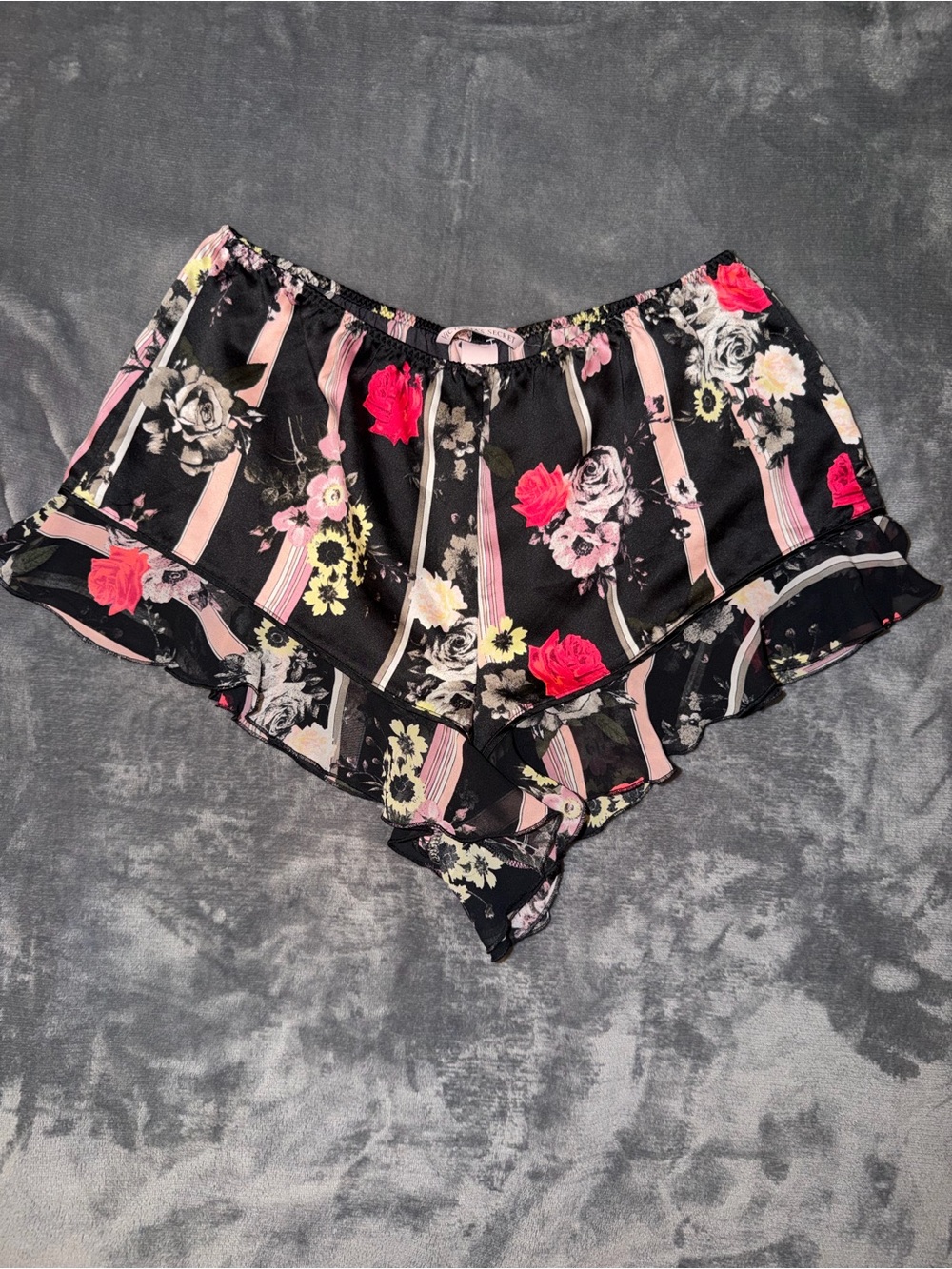 🩷 Victoria's Secret Floral Satin Pajama Shorts with Ruffle Mesh Trim